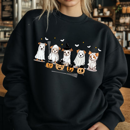 May include: Black sweatshirt featuring a Halloween-themed graphic. The design includes several dogs dressed in costumes, including ghosts and a witch. Pumpkins, bats, and stars complete the festive scene.