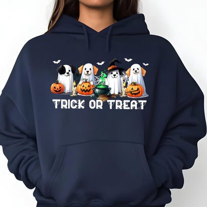 May include: Navy blue hoodie featuring a Halloween-themed graphic. The design includes four dogs dressed as ghosts, pumpkins, bats, candles, and the text "Trick or Treat". The graphic is colorful and festive, perfect for the spooky season.