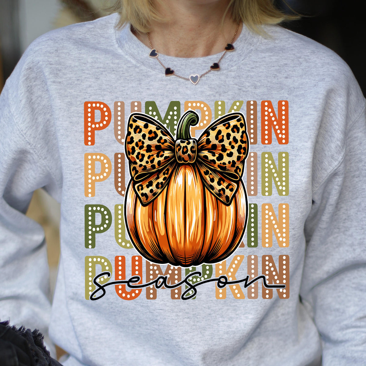 May include: A light gray sweatshirt featuring a large orange pumpkin with a leopard print bow. The word "PUMPKIN" is printed vertically in orange and green, and "season" is written in black script.