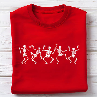 May include: A red sweatshirt featuring a white graphic of dancing skeletons. The skeletons are in various poses, with arms and legs outstretched. The sweatshirt has a crew neck and long sleeves. The design is centered on the front of the shirt.