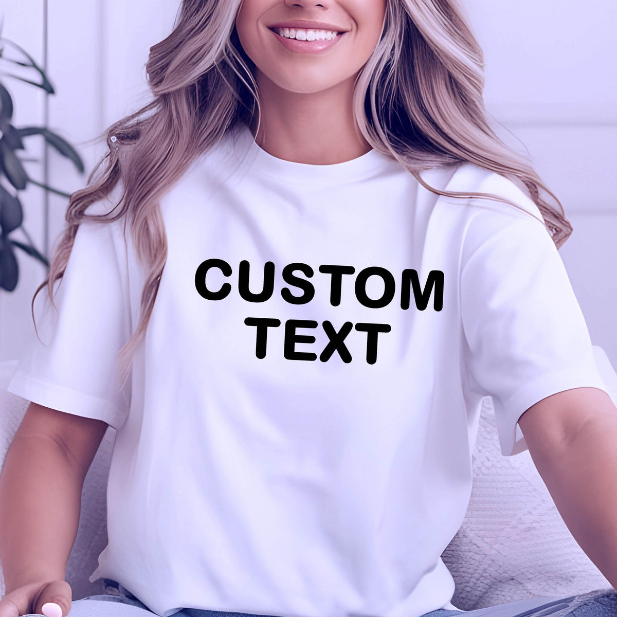 May include: A white short-sleeved t-shirt featuring the words CUSTOM TEXT printed in bold black capital letters across the center of the chest. The garment has a classic crew neckline and a standard fit, providing a clean and simple appearance.