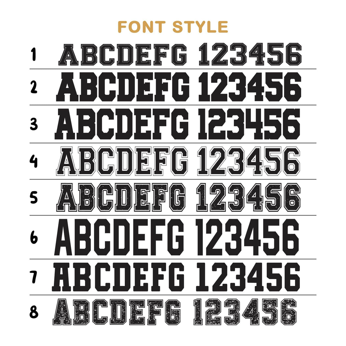 May include: A graphic showing eight different font styles for the letters A through G and the numbers 1 through 6. The font styles range from simple to more decorative.