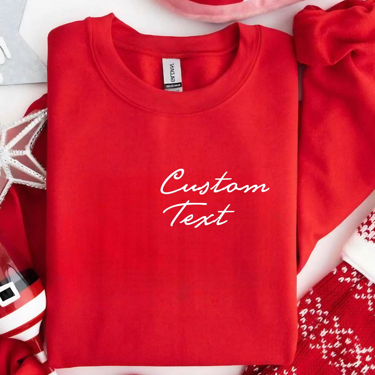May include: Red sweatshirt with white text that says "Custom Text".