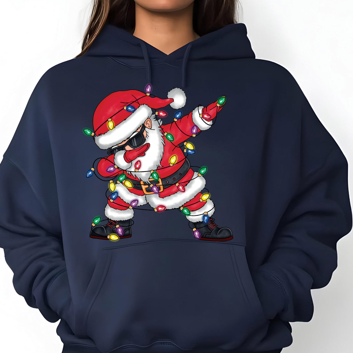 May include: A navy blue hoodie with a graphic of Santa Claus wearing sunglasses and tangled in Christmas lights, doing the dab dance.
