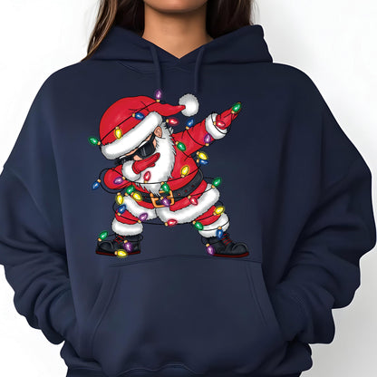 May include: A navy blue hoodie with a graphic of Santa Claus wearing sunglasses and tangled in Christmas lights, doing the dab dance.