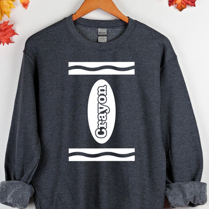 May include: A dark gray sweatshirt with a white crayon design. The design features a white oval with the word "Crayon" inside and two wavy lines above and below the oval.