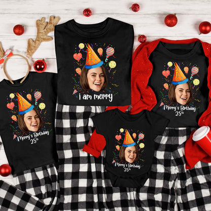 May include: A set of four black t-shirts with a birthday theme. The shirts feature a person's face with a party hat and confetti. The text on the shirts says "Merry's Birthday 25th" and "I am Merry".