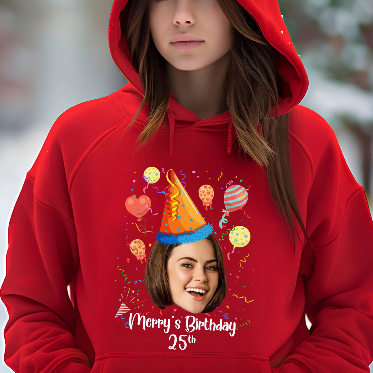 May include: Red hoodie with a birthday party design featuring a person's face with a party hat, balloons, and confetti. The text on the hoodie says "Merry's Birthday 25th".