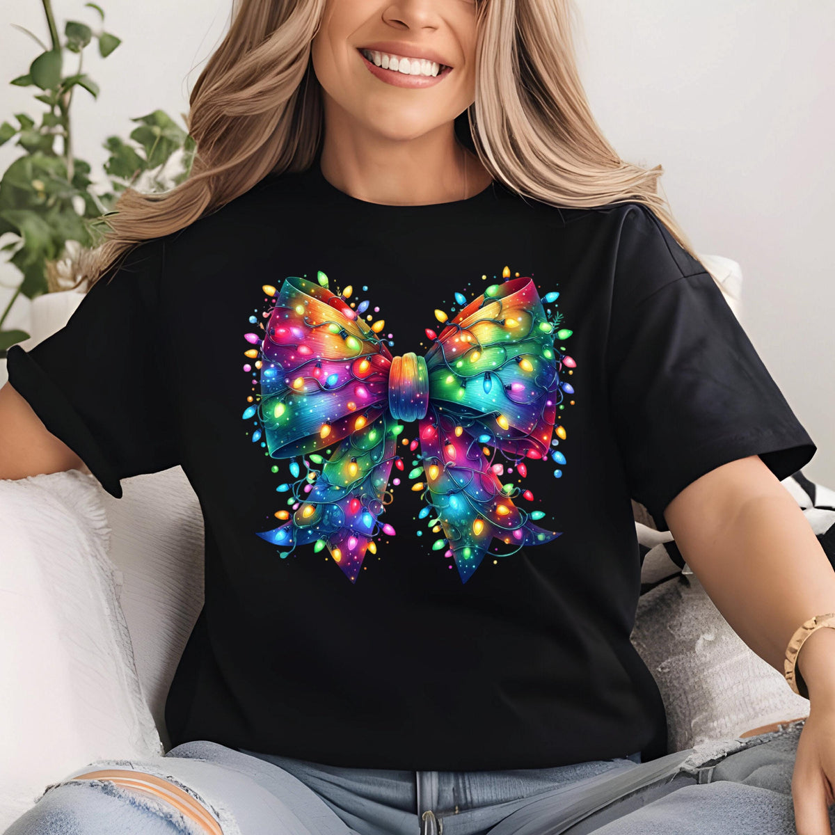 May include: Black t-shirt featuring a vibrant, colorful bow design adorned with string lights. The bow is rendered in shades of blue, green, yellow, orange, and purple, with the lights adding a festive touch. The shirt is a classic crew neck style.