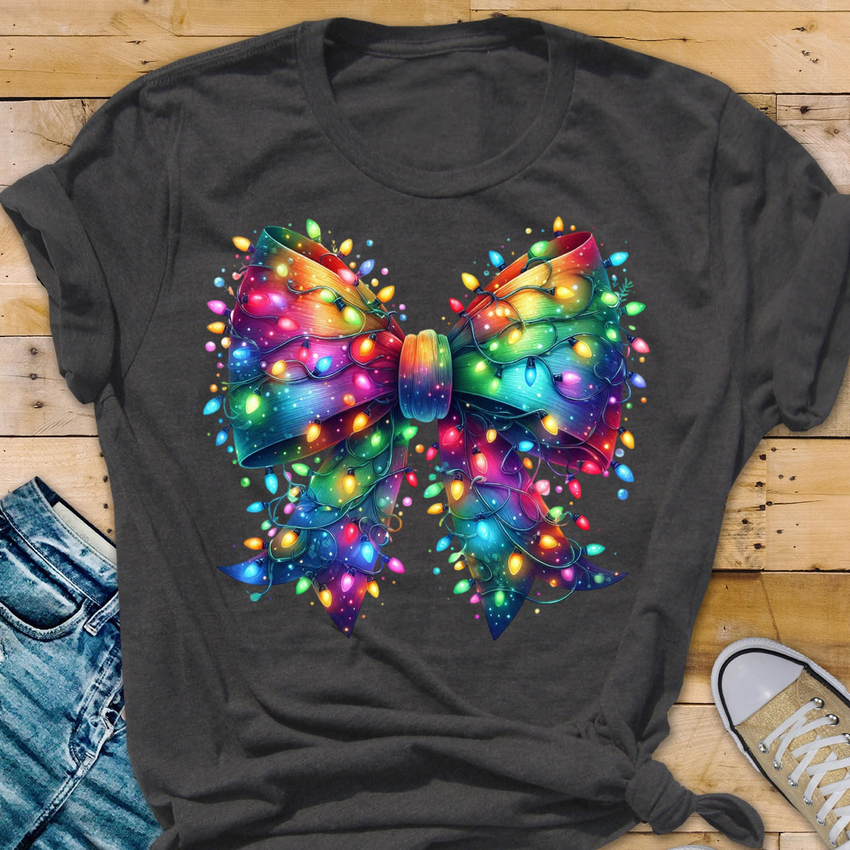 May include: Dark gray t-shirt featuring a vibrant, rainbow-colored bow design adorned with colorful Christmas lights. The bow is the focal point, with a detailed illustration of the lights and the bow's texture. The shirt is casual wear.