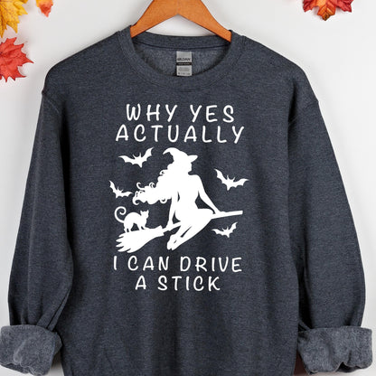 May include: A dark heather gray long-sleeve sweatshirt featuring a white graphic of a witch riding a broomstick with a cat and bats. The text reads: WHY YES ACTUALLY I CAN DRIVE A STICK. The garment has a crew neckline and ribbed cuffs.