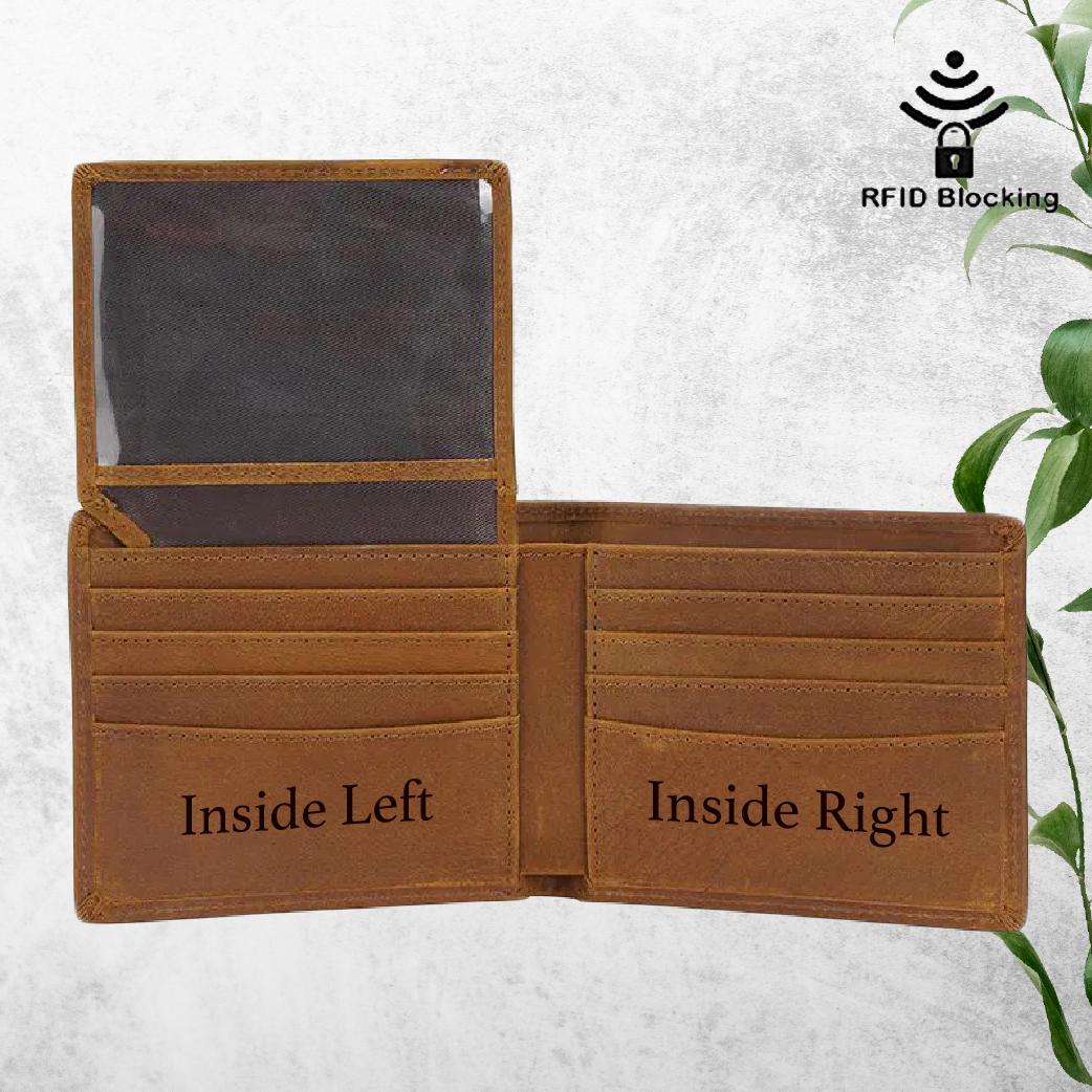 May include: A brown leather wallet with RFID blocking technology. The wallet is open to show the inside, with the left side labeled "Inside Left" and the right side labeled "Inside Right".
