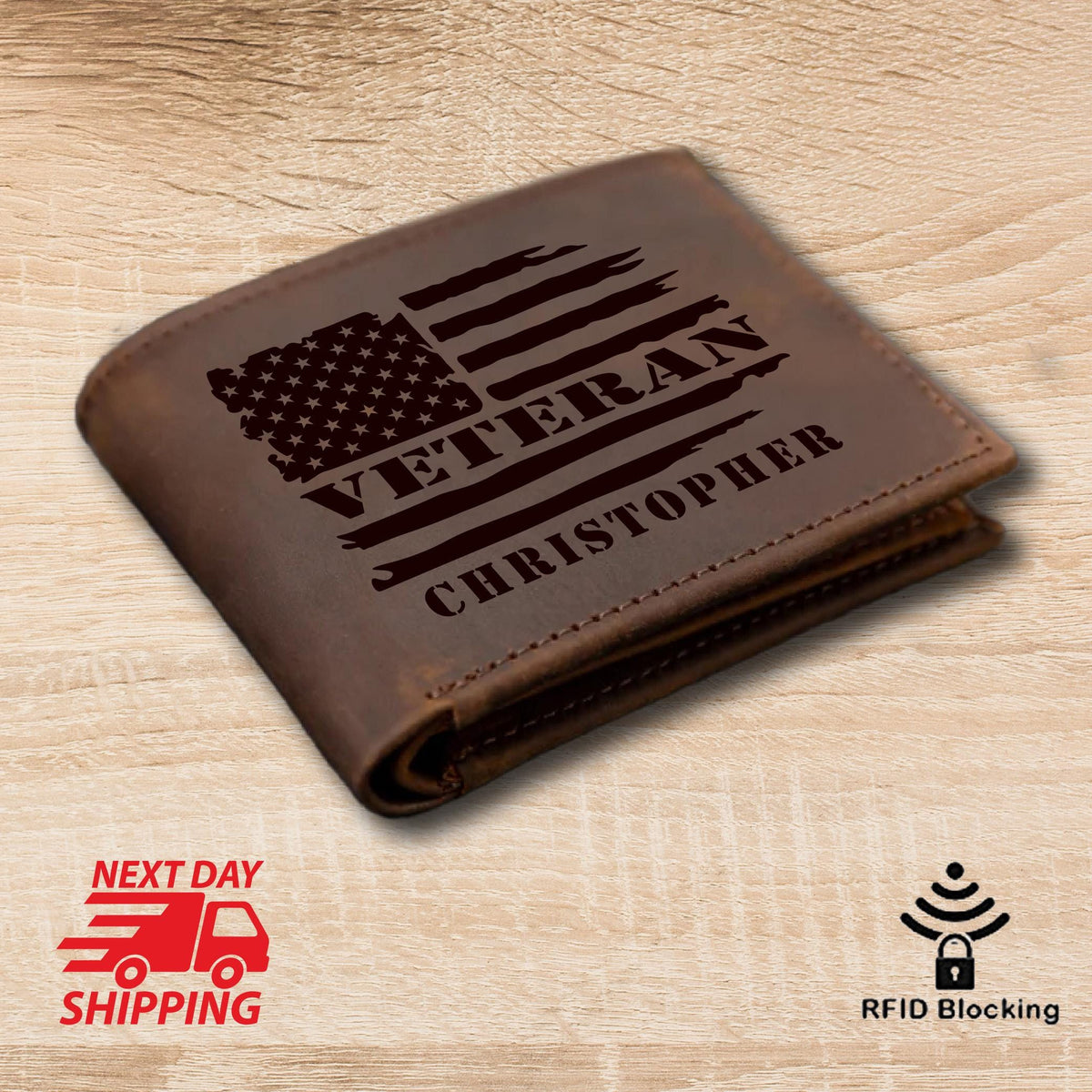 May include: Brown leather wallet with an American flag and the word "Veteran" engraved on it. The name "Christopher" is also engraved on the wallet.