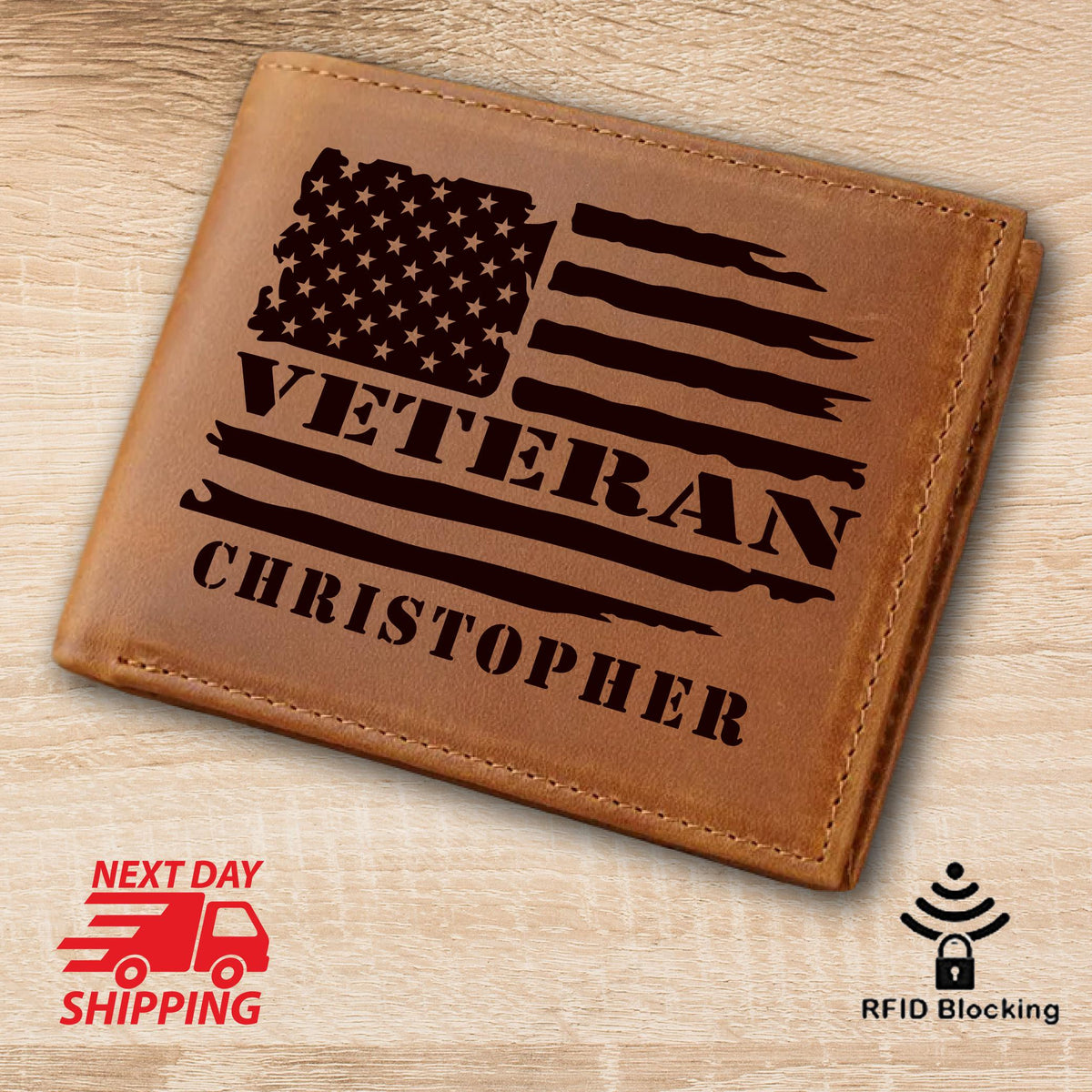 May include: Brown leather wallet with a distressed American flag design and the text "Veteran Christopher".