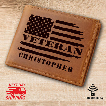 May include: Brown leather wallet with a distressed American flag design and the text "Veteran Christopher".