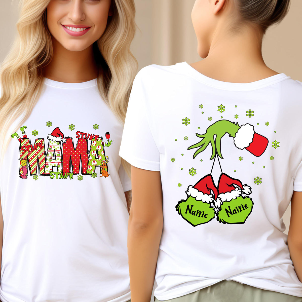 May include: A white t-shirt featuring a graphic on the front that spells MAMA in red and green patterned letters with small Grinch figures and the word STINK. The back displays a green Grinch hand holding two green ornaments with Santa hats.