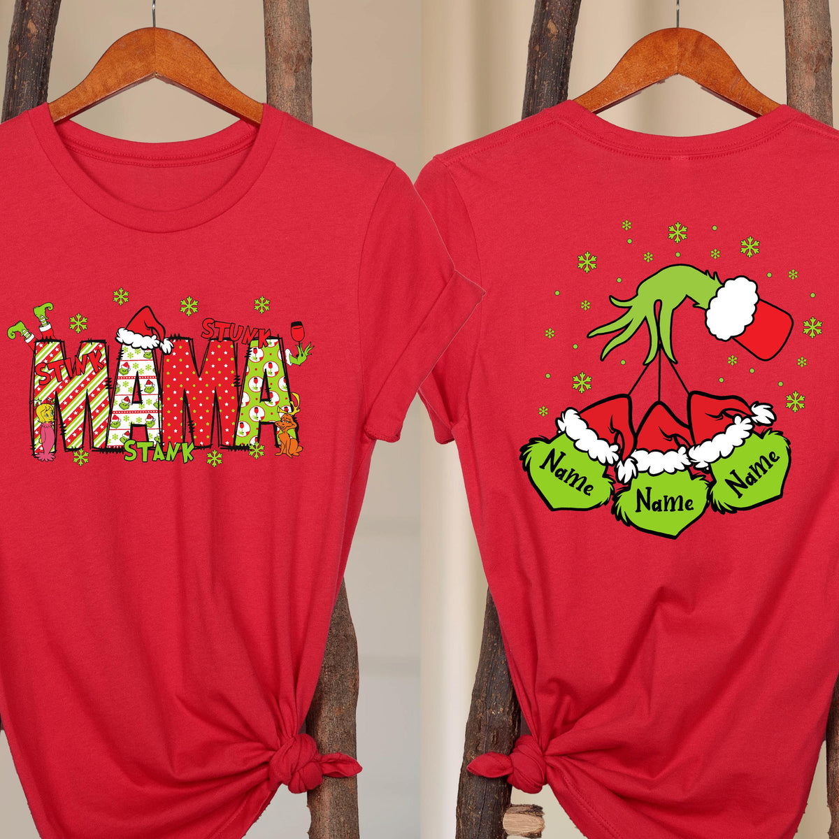 May include: A red t-shirt featuring a graphic on the front that spells MAMA in patterned letters with a Santa hat and green character accents. The back graphic shows a green hand holding three ornaments with Santa hats and the text Name.