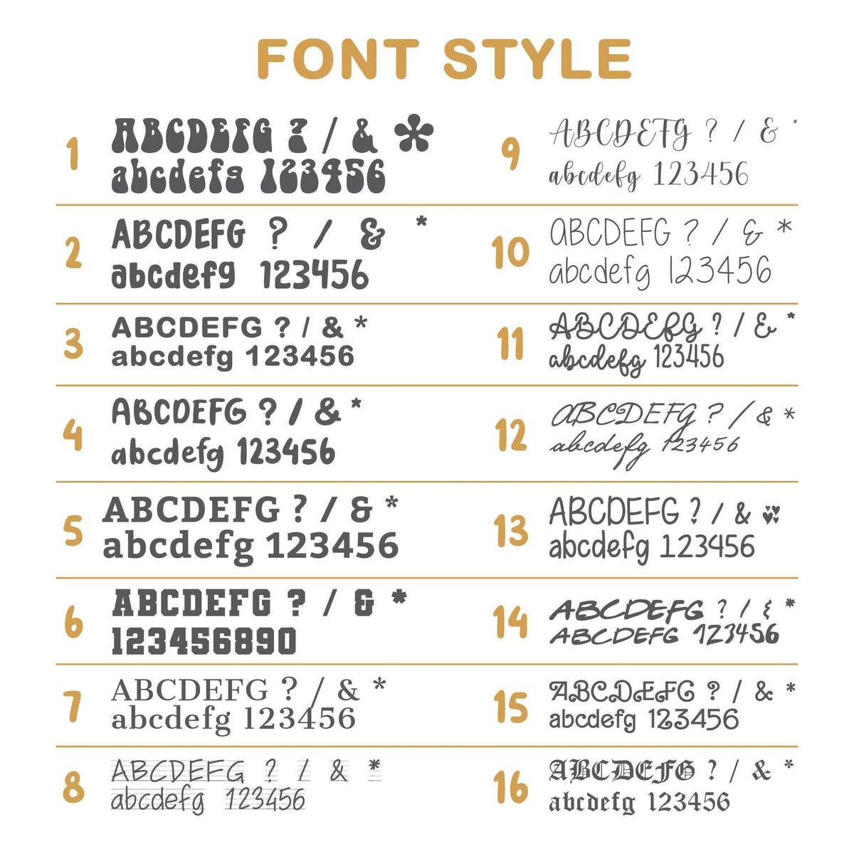 May include: A font style chart displaying sixteen distinct typography options numbered one through sixteen. Each entry features uppercase and lowercase letters, numbers 123456, symbols, and special characters in various black typefaces on a white background.