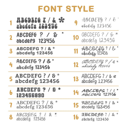 May include: A font style chart displaying sixteen distinct typography options numbered one through sixteen. Each entry features uppercase and lowercase letters, numbers 123456, symbols, and special characters in various black typefaces on a white background.