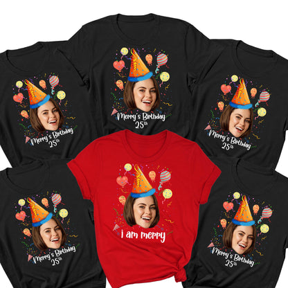 May include: Five black t-shirts with a red t-shirt in the center. Each shirt features a cartoon image of a person wearing a party hat with balloons and confetti. The text on the shirts reads "Merry's Birthday 25th" and "I am Merry".