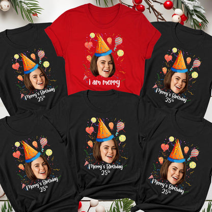 May include: Five black and red t-shirts with a birthday theme. Each shirt features a different person's face with a party hat and balloons. The text on the shirts reads "Merry's Birthday 25th" and "I am merry".