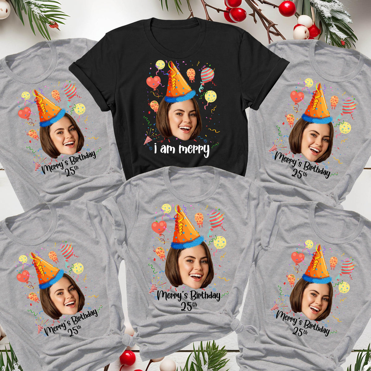 May include: Set of six gray t-shirts with a birthday theme. Each shirt features a different person's face with a party hat and balloons. One shirt has the text "i am merry".