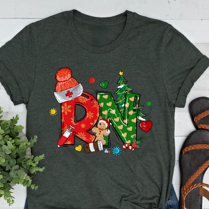 May include: Dark gray t-shirt featuring a festive design for a Registered Nurse. The design includes the letters "RN" in red and green, decorated with Christmas-themed elements like a Santa hat, gingerbread man, and Christmas tree.