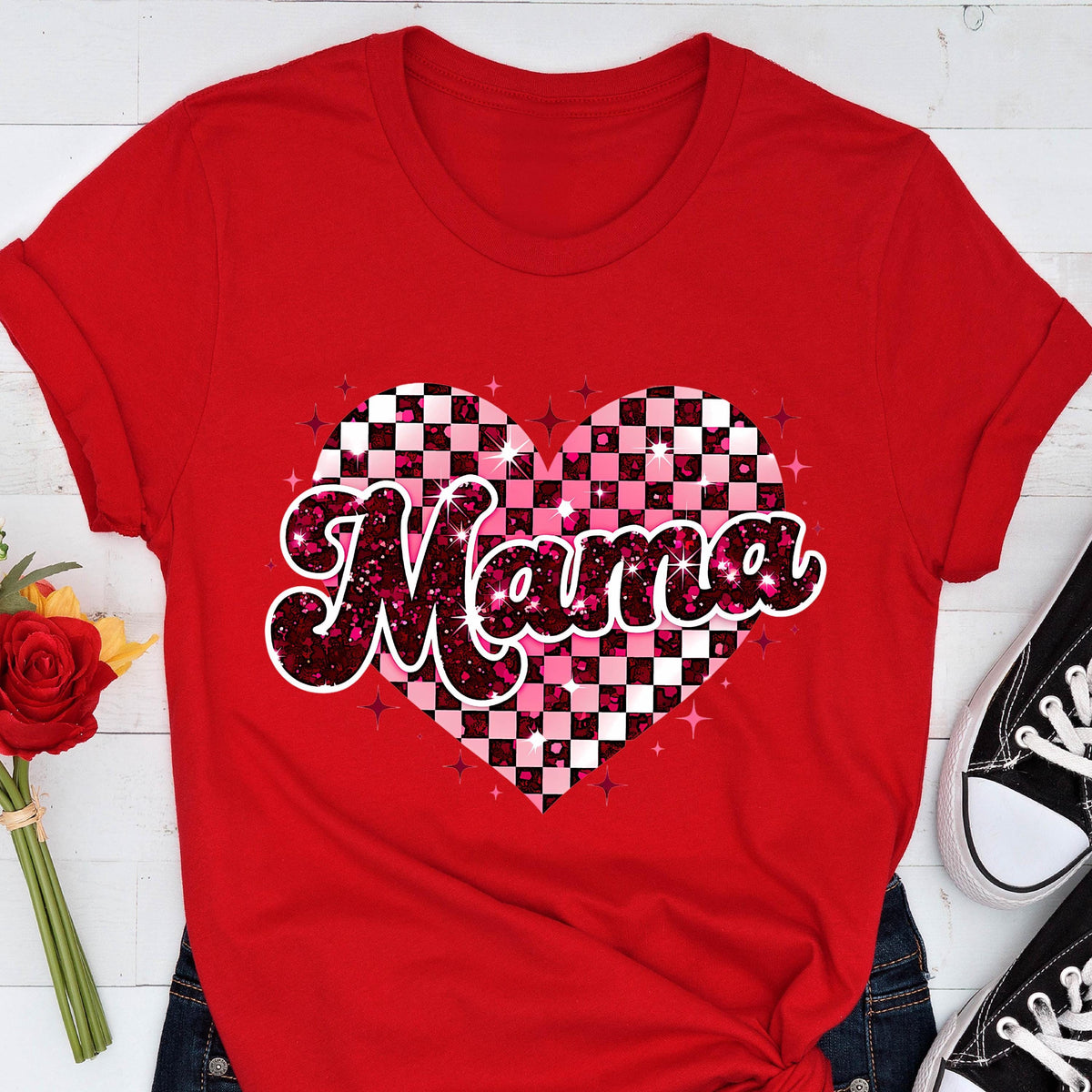 May include: Red t-shirt with a pink and white checkered heart and the word "Mama" in sparkly pink letters.