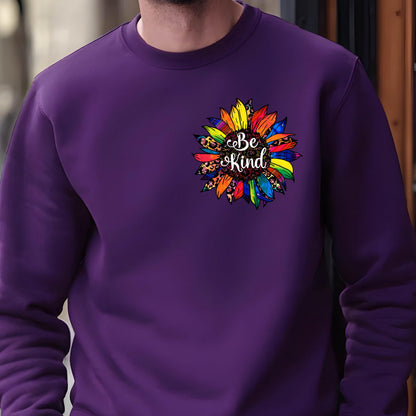 May include: Purple sweatshirt with a colorful sunflower graphic and the text "Be Kind" in the center.