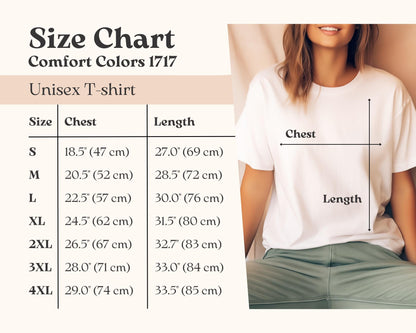 May include: Size chart for a unisex t-shirt with measurements in inches and centimeters. The chart shows chest and length measurements for sizes S, M, L, XL, 2XL, 3XL, and 4XL.