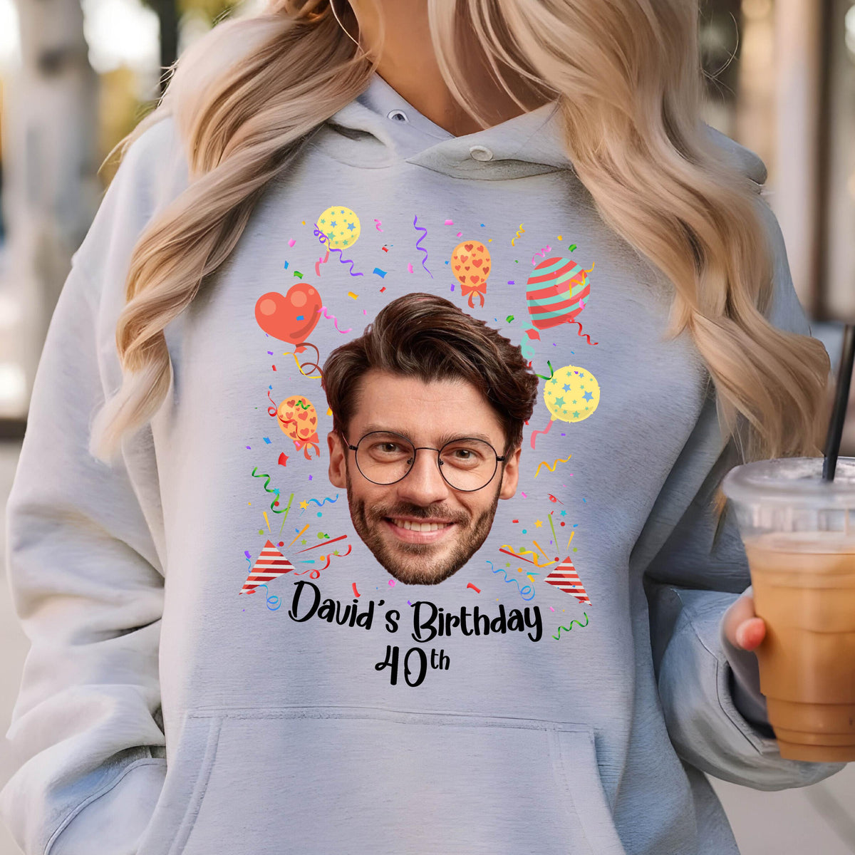 May include: A gray hoodie with a colorful birthday design featuring a person's face, balloons, confetti, and the text "David's Birthday 40th".