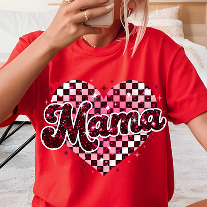 May include: Red t-shirt with a pink and white checkered heart design and the word "Mama" in a glittery pink font.