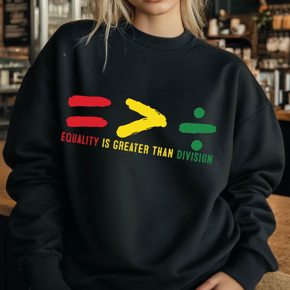 May include: Black sweatshirt with a graphic design of red, yellow, and green symbols representing equality, greater than, and division. The text "Equality is greater than division" is printed below the symbols.