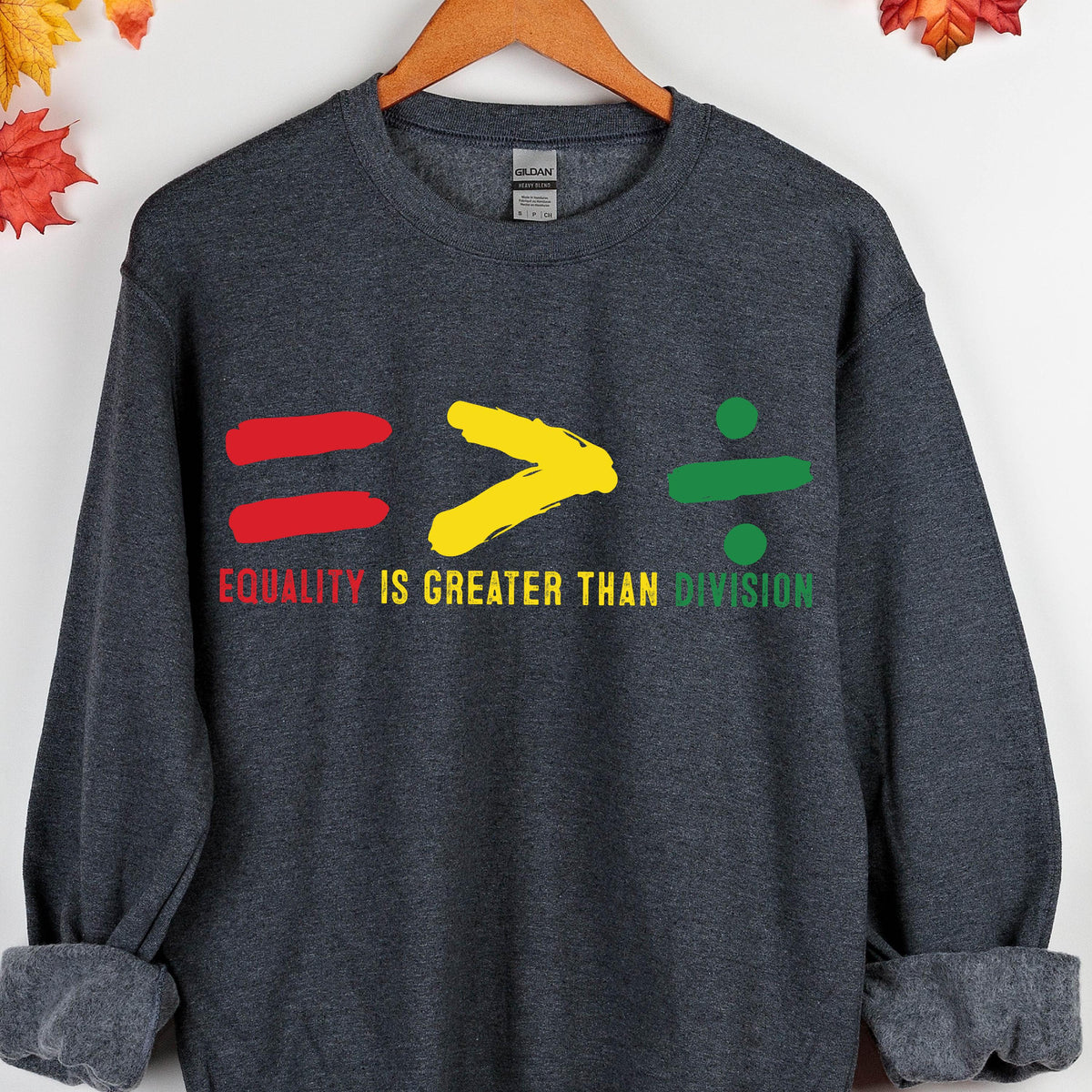 May include: A dark gray sweatshirt with the words "Equality is greater than division" printed on the front. The words are in red, yellow, and green, and are stylized to look like mathematical symbols.