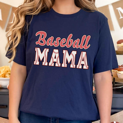 May include: A navy blue t-shirt with the text "Baseball Mama" in red and white. The letters are outlined in white and have a baseball stitch pattern.