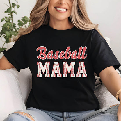 May include: Black t-shirt with the text "Baseball Mama" in red and white. The text is outlined in white and has a baseball stitch design.