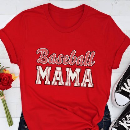 May include: Red t-shirt with the text "Baseball Mama" in white with a baseball graphic.