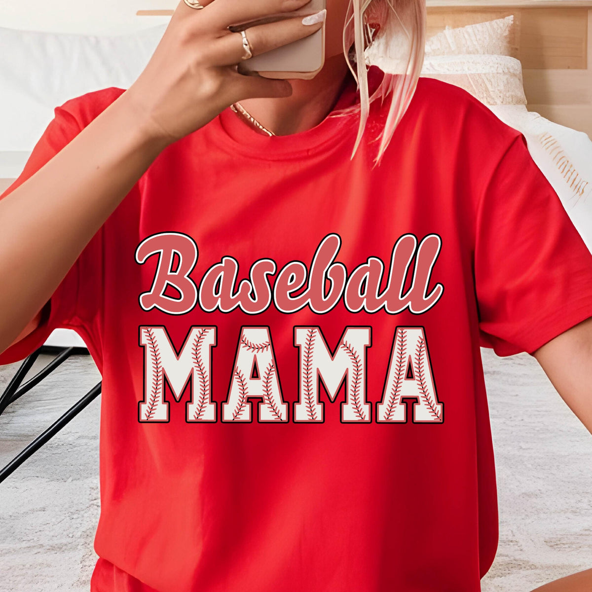 May include: Red t-shirt with the text "Baseball Mama" in white with a baseball graphic.