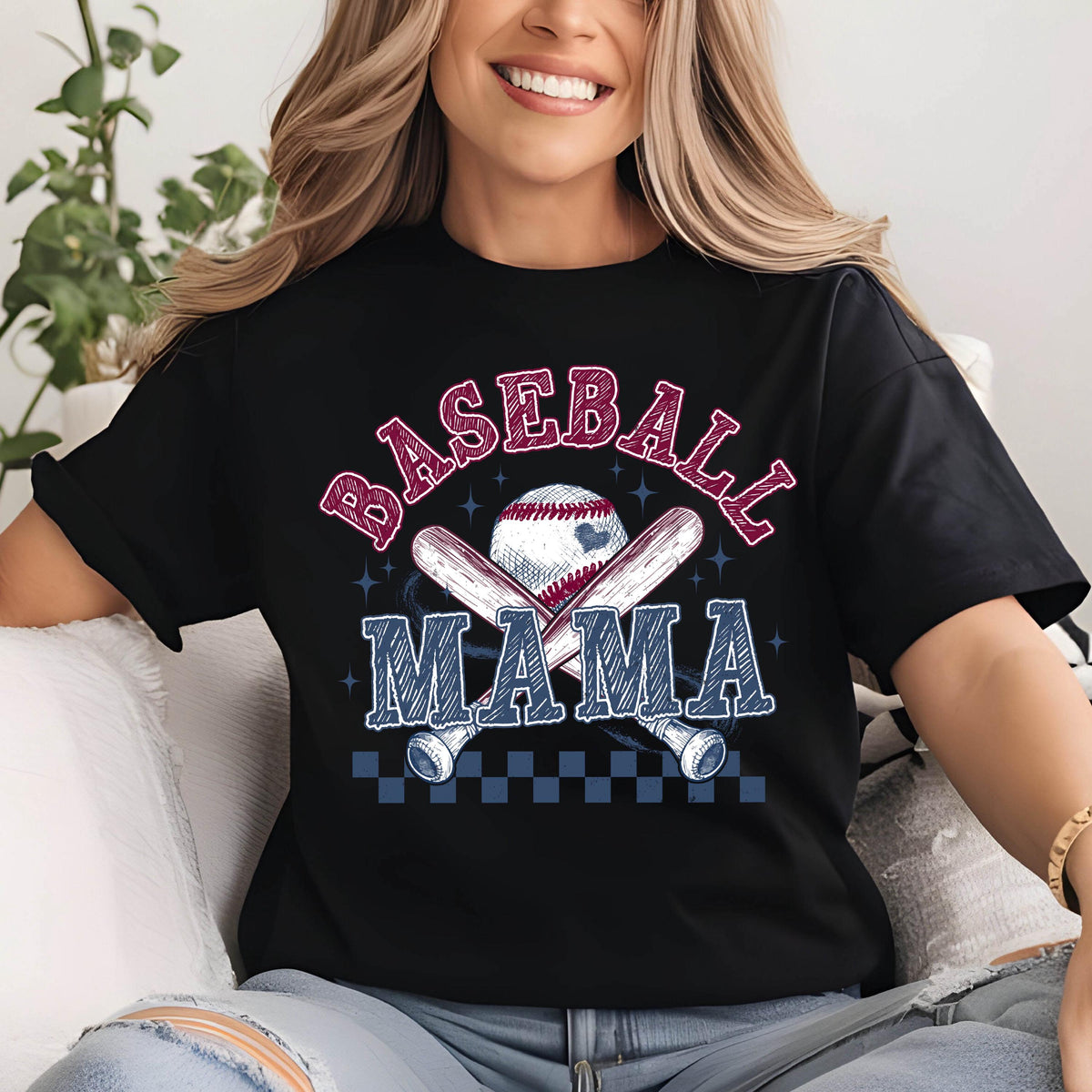 May include: A black t-shirt with a red and white baseball graphic and the text "Baseball Mama" in a blue and white checkered pattern.