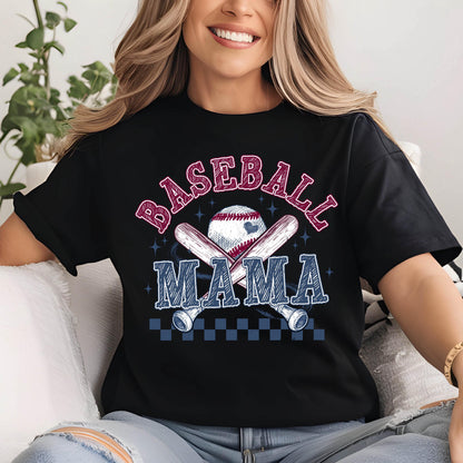 May include: A black t-shirt with a red and white baseball graphic and the text "Baseball Mama" in a blue and white checkered pattern.
