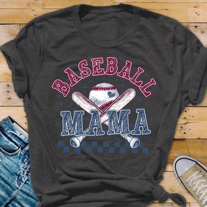 May include: A dark gray t-shirt with the text "Baseball Mama" in red and blue lettering. A baseball and crossed bats are depicted in the center of the design.