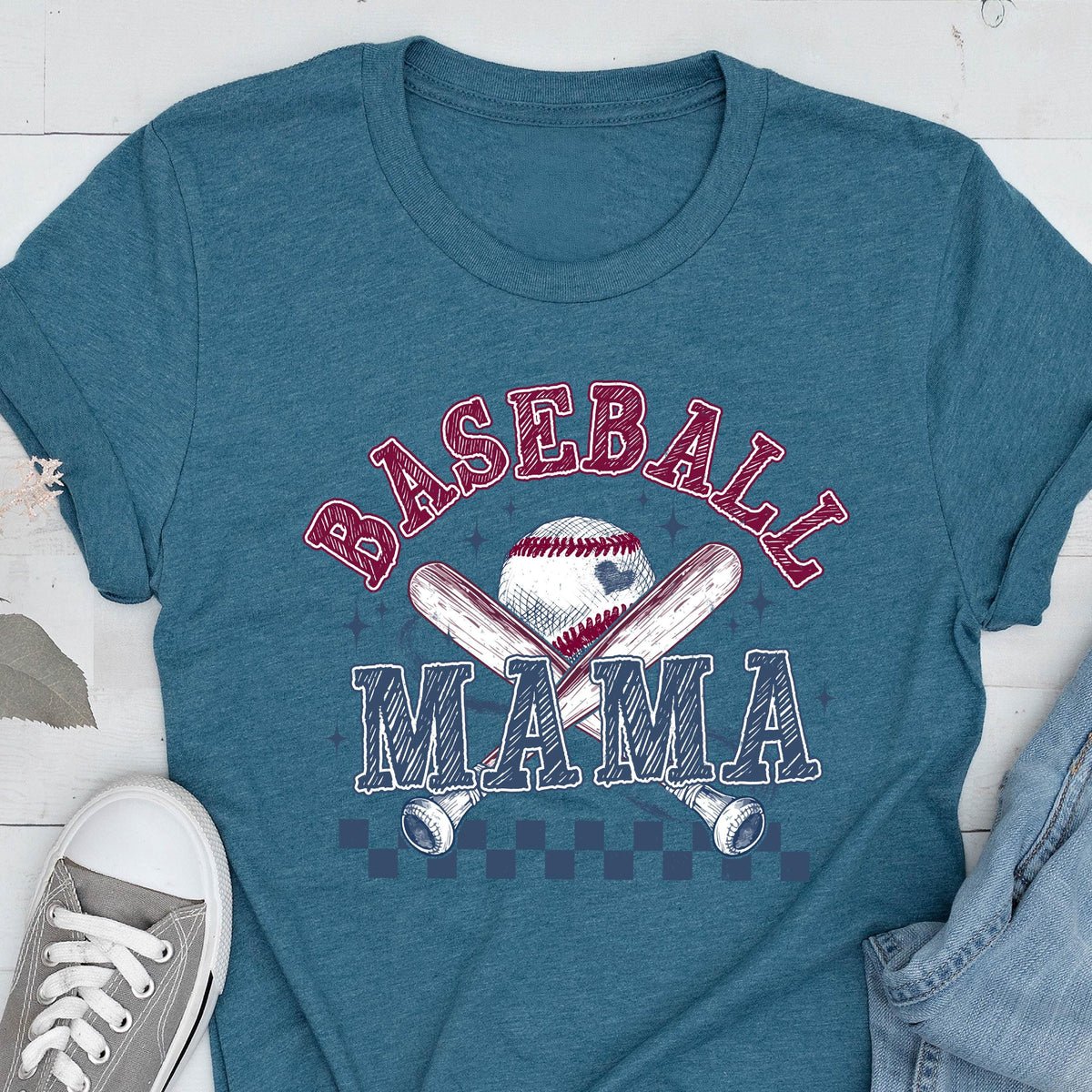 May include: Teal blue t-shirt with a red and white baseball graphic and the text "Baseball Mama".