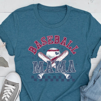 May include: Teal blue t-shirt with a red and white baseball graphic and the text "Baseball Mama".