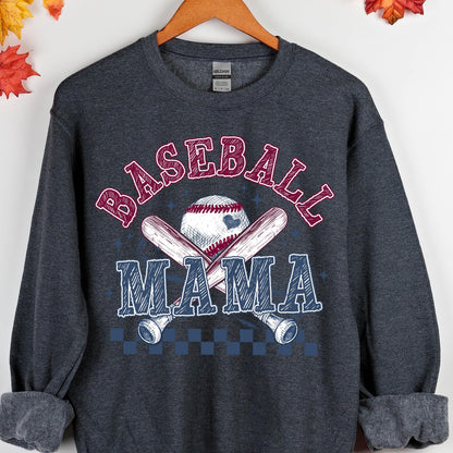 May include: A dark gray sweatshirt with the text "Baseball Mama" in red and white lettering. A baseball and crossed bats are in the center of the design.