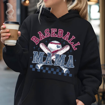 May include: Black hooded sweatshirt with the text "Baseball Mama" in red and blue lettering. A baseball and crossed bats are depicted in the center of the design.