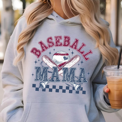 May include: Gray hooded sweatshirt with the text "Baseball Mama" in red and blue lettering. A baseball and crossed bats are depicted in the center of the design.