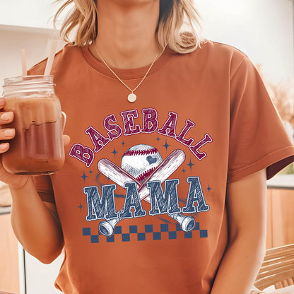 May include: A brown t-shirt with a graphic design of a baseball, bats, and the text "Baseball Mama" in red and blue.