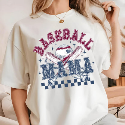 May include: White t-shirt with a blue and red graphic design that says "Baseball Mama" with a baseball and crossed bats.