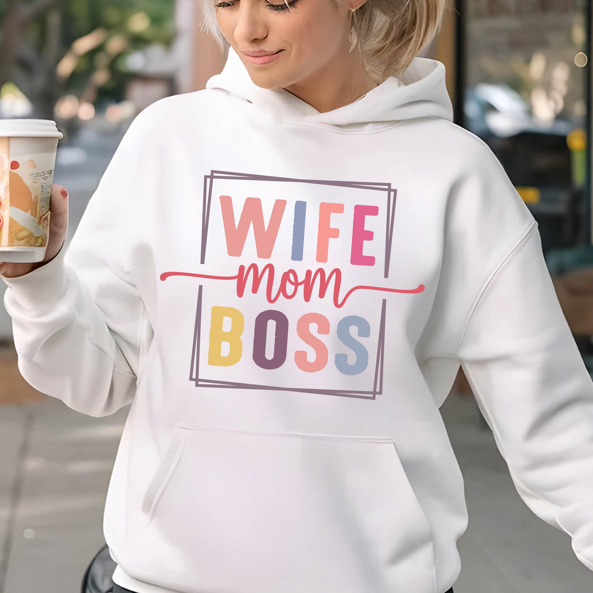May include: White hoodie with a colorful graphic that says "Wife Mom Boss" in a box.
