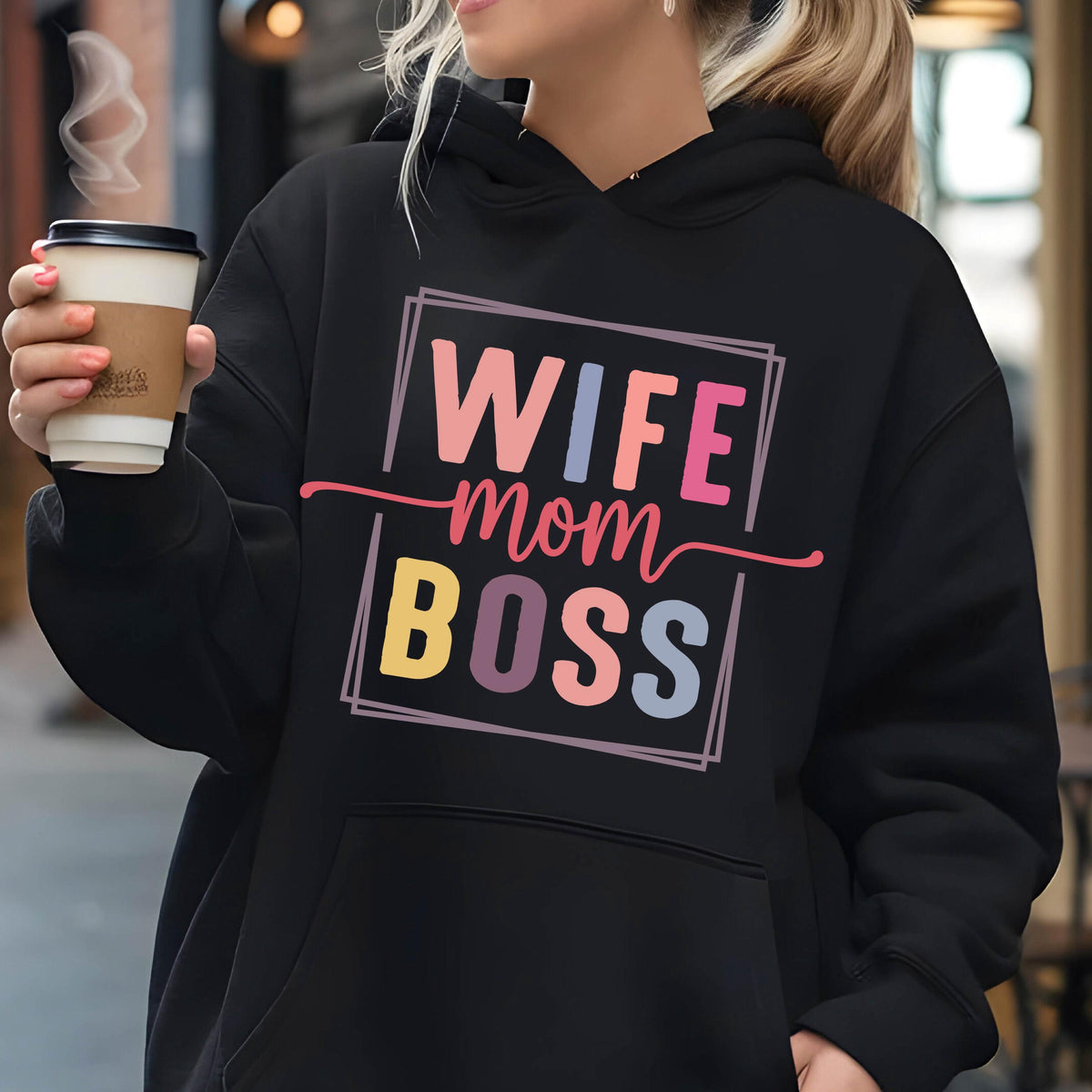 May include: Black hoodie with a colorful graphic that says "Wife Mom Boss" in a square frame.
